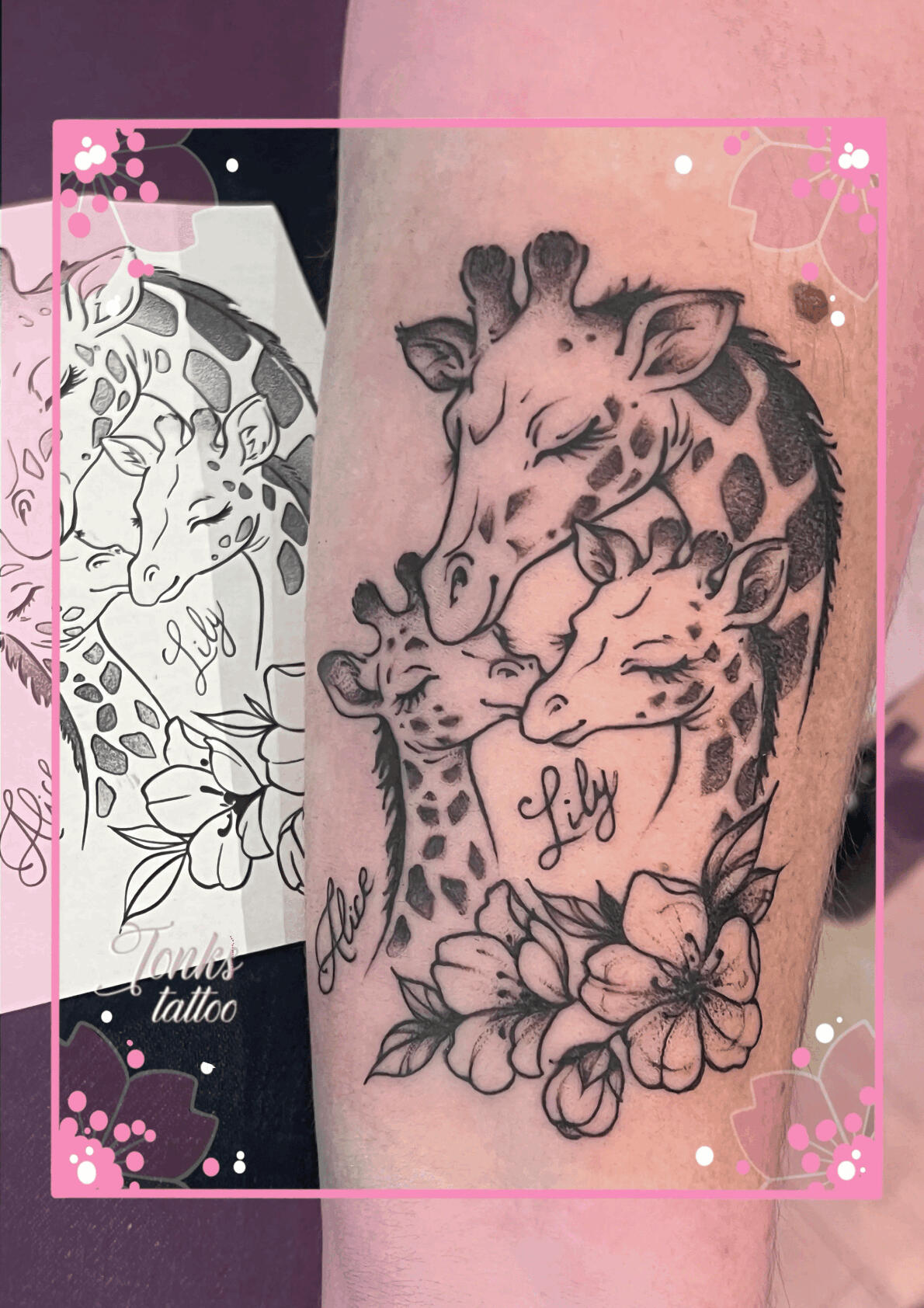 girafe Girafe tattoo de maman fine line noir et blanc